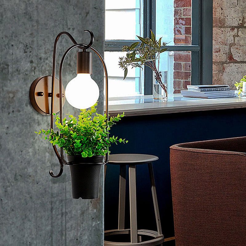 Potted Plant Restaurant Sconce Light Industrial Metal 1 Bulb Black LED Wall Lighting Clearhalo 'Art deco wall lights' 'Cast Iron' 'Glass' 'Industrial wall lights' 'Industrial' 'Middle century wall lights' 'Modern' 'Rustic wall lights' 'Tiffany' 'Traditional wall lights' 'Wall Lamps & Sconces' 'Wall Lights' Lighting' 401098