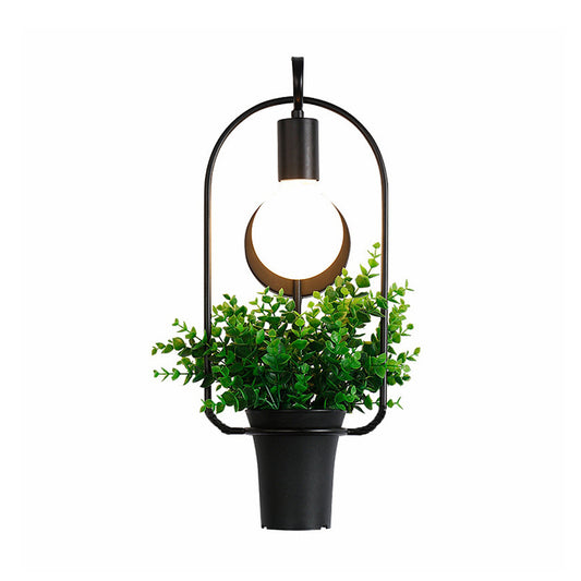 Potted Plant Restaurant Sconce Light Industrial Metal 1 Bulb Black LED Wall Lighting Clearhalo 'Art deco wall lights' 'Cast Iron' 'Glass' 'Industrial wall lights' 'Industrial' 'Middle century wall lights' 'Modern' 'Rustic wall lights' 'Tiffany' 'Traditional wall lights' 'Wall Lamps & Sconces' 'Wall Lights' Lighting' 401099