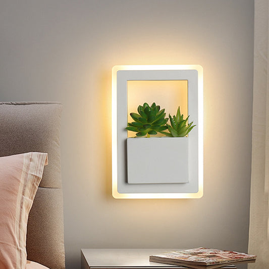 White LED Wall Lighting Minimalist Acrylic Rectangle Wall Sconce with Plant Decoration for Bedroom, Warm/White Light White Clearhalo 'Industrial wall lights' 'Industrial' 'Middle century wall lights' 'Tiffany' 'Wall Lamps & Sconces' 'Wall Lights' Lighting' 401145