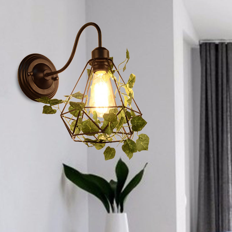 1 Light Wall Lighting Fixture Industrial Diamond/Globe/Square Metal LED Wall Lamp Sconce in Black with Plant Clearhalo 'Art deco wall lights' 'Cast Iron' 'Glass' 'Industrial wall lights' 'Industrial' 'Middle century wall lights' 'Modern' 'Rustic wall lights' 'Tiffany' 'Traditional wall lights' 'Wall Lamps & Sconces' 'Wall Lights' Lighting' 401159