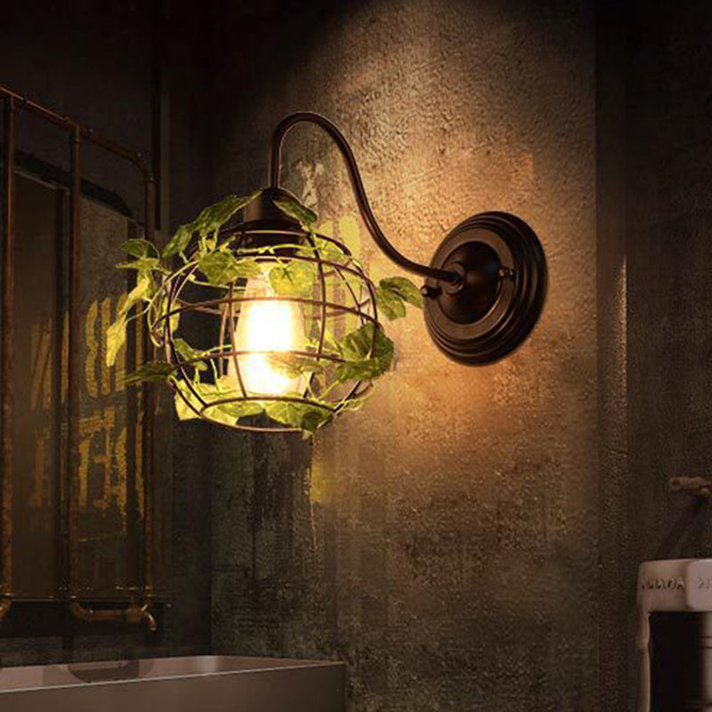 1 Light Wall Lighting Fixture Industrial Diamond/Globe/Square Metal LED Wall Lamp Sconce in Black with Plant Clearhalo 'Art deco wall lights' 'Cast Iron' 'Glass' 'Industrial wall lights' 'Industrial' 'Middle century wall lights' 'Modern' 'Rustic wall lights' 'Tiffany' 'Traditional wall lights' 'Wall Lamps & Sconces' 'Wall Lights' Lighting' 401164