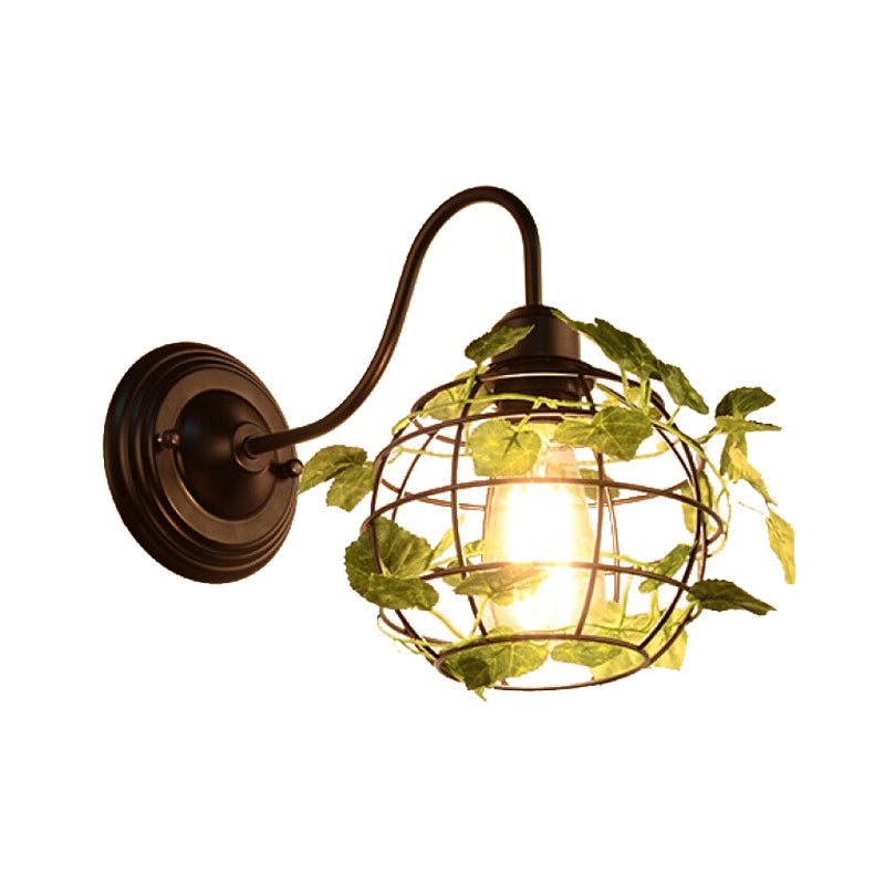 1 Light Wall Lighting Fixture Industrial Diamond/Globe/Square Metal LED Wall Lamp Sconce in Black with Plant Clearhalo 'Art deco wall lights' 'Cast Iron' 'Glass' 'Industrial wall lights' 'Industrial' 'Middle century wall lights' 'Modern' 'Rustic wall lights' 'Tiffany' 'Traditional wall lights' 'Wall Lamps & Sconces' 'Wall Lights' Lighting' 401165