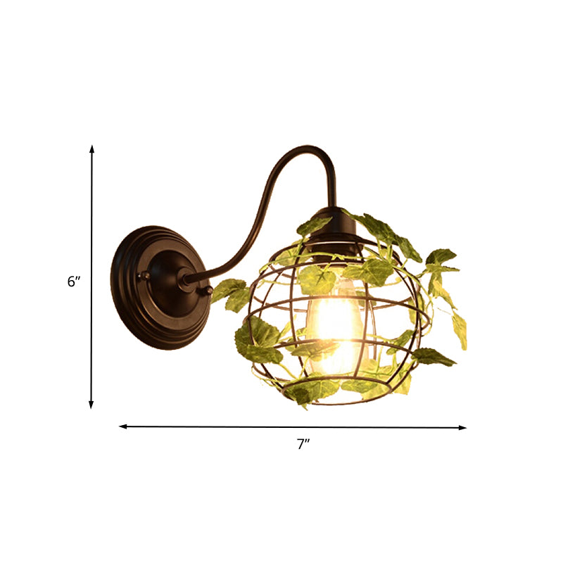 1 Light Wall Lighting Fixture Industrial Diamond/Globe/Square Metal LED Wall Lamp Sconce in Black with Plant Clearhalo 'Art deco wall lights' 'Cast Iron' 'Glass' 'Industrial wall lights' 'Industrial' 'Middle century wall lights' 'Modern' 'Rustic wall lights' 'Tiffany' 'Traditional wall lights' 'Wall Lamps & Sconces' 'Wall Lights' Lighting' 401166
