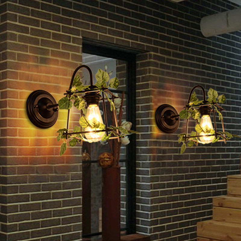 1 Light Wall Lighting Fixture Industrial Diamond/Globe/Square Metal LED Wall Lamp Sconce in Black with Plant Clearhalo 'Art deco wall lights' 'Cast Iron' 'Glass' 'Industrial wall lights' 'Industrial' 'Middle century wall lights' 'Modern' 'Rustic wall lights' 'Tiffany' 'Traditional wall lights' 'Wall Lamps & Sconces' 'Wall Lights' Lighting' 401168