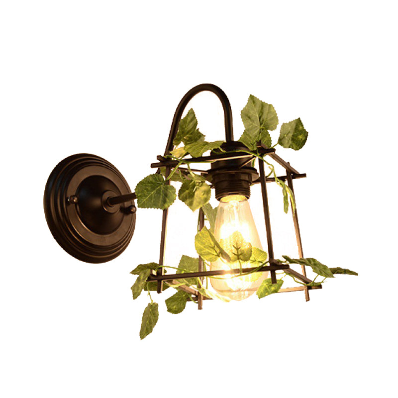 1 Light Wall Lighting Fixture Industrial Diamond/Globe/Square Metal LED Wall Lamp Sconce in Black with Plant Clearhalo 'Art deco wall lights' 'Cast Iron' 'Glass' 'Industrial wall lights' 'Industrial' 'Middle century wall lights' 'Modern' 'Rustic wall lights' 'Tiffany' 'Traditional wall lights' 'Wall Lamps & Sconces' 'Wall Lights' Lighting' 401169