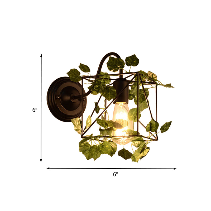 1 Light Wall Lighting Fixture Industrial Diamond/Globe/Square Metal LED Wall Lamp Sconce in Black with Plant Clearhalo 'Art deco wall lights' 'Cast Iron' 'Glass' 'Industrial wall lights' 'Industrial' 'Middle century wall lights' 'Modern' 'Rustic wall lights' 'Tiffany' 'Traditional wall lights' 'Wall Lamps & Sconces' 'Wall Lights' Lighting' 401174