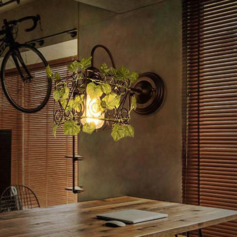 1 Light Wall Lighting Fixture Industrial Diamond/Globe/Square Metal LED Wall Lamp Sconce in Black with Plant Clearhalo 'Art deco wall lights' 'Cast Iron' 'Glass' 'Industrial wall lights' 'Industrial' 'Middle century wall lights' 'Modern' 'Rustic wall lights' 'Tiffany' 'Traditional wall lights' 'Wall Lamps & Sconces' 'Wall Lights' Lighting' 401176