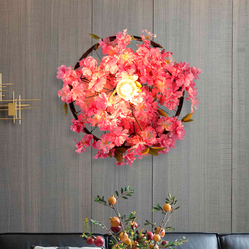 Vintage Wagon Wheel Wall Light 1 Bulb LED Metal Wall Sconce Lighting in Pink/Green with Flower/Plant Decor Pink Clearhalo 'Art deco wall lights' 'Cast Iron' 'Glass' 'Industrial wall lights' 'Industrial' 'Middle century wall lights' 'Modern' 'Rustic wall lights' 'Tiffany' 'Traditional wall lights' 'Wall Lamps & Sconces' 'Wall Lights' Lighting' 401183