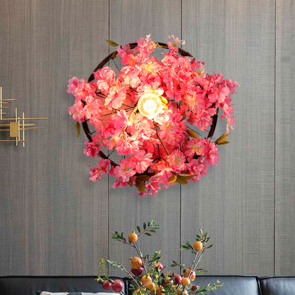 Vintage Wagon Wheel Wall Light 1 Bulb LED Metal Wall Sconce Lighting in Pink/Green with Flower/Plant Decor Pink Clearhalo 'Art deco wall lights' 'Cast Iron' 'Glass' 'Industrial wall lights' 'Industrial' 'Middle century wall lights' 'Modern' 'Rustic wall lights' 'Tiffany' 'Traditional wall lights' 'Wall Lamps & Sconces' 'Wall Lights' Lighting' 401183