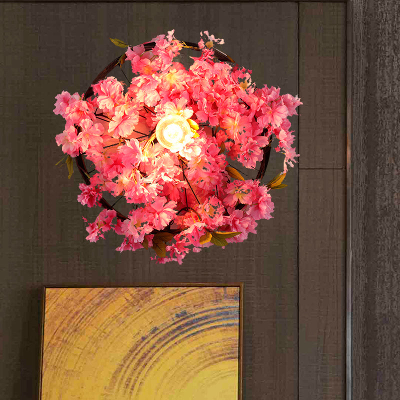 Vintage Wagon Wheel Wall Light 1 Bulb LED Metal Wall Sconce Lighting in Pink/Green with Flower/Plant Decor Clearhalo 'Art deco wall lights' 'Cast Iron' 'Glass' 'Industrial wall lights' 'Industrial' 'Middle century wall lights' 'Modern' 'Rustic wall lights' 'Tiffany' 'Traditional wall lights' 'Wall Lamps & Sconces' 'Wall Lights' Lighting' 401184