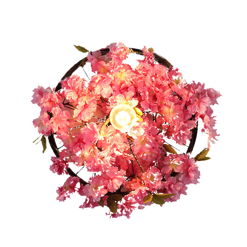 Vintage Wagon Wheel Wall Light 1 Bulb LED Metal Wall Sconce Lighting in Pink/Green with Flower/Plant Decor Clearhalo 'Art deco wall lights' 'Cast Iron' 'Glass' 'Industrial wall lights' 'Industrial' 'Middle century wall lights' 'Modern' 'Rustic wall lights' 'Tiffany' 'Traditional wall lights' 'Wall Lamps & Sconces' 'Wall Lights' Lighting' 401185