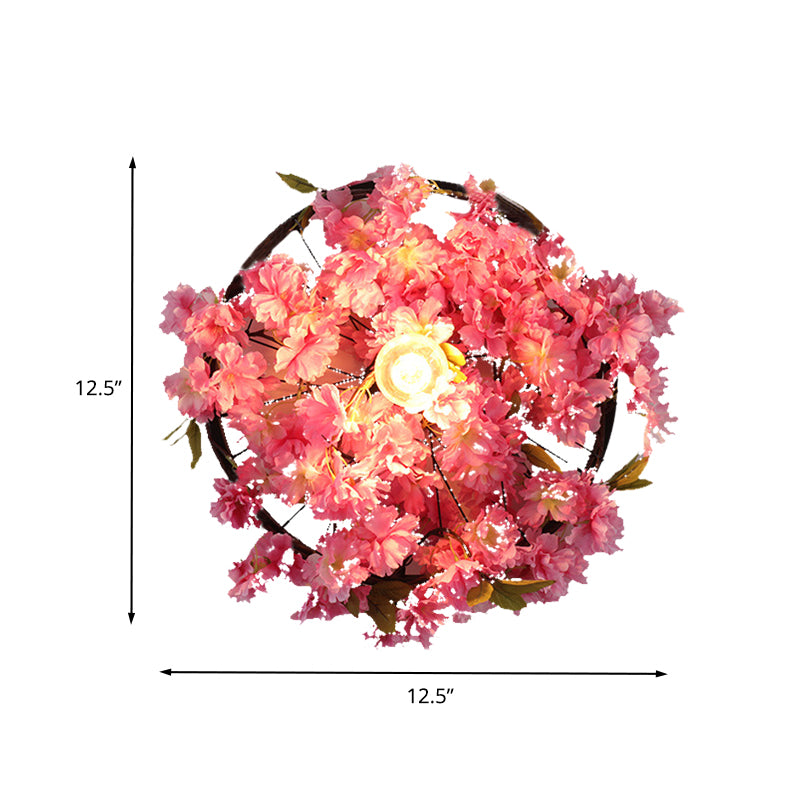 Vintage Wagon Wheel Wall Light 1 Bulb LED Metal Wall Sconce Lighting in Pink/Green with Flower/Plant Decor Clearhalo 'Art deco wall lights' 'Cast Iron' 'Glass' 'Industrial wall lights' 'Industrial' 'Middle century wall lights' 'Modern' 'Rustic wall lights' 'Tiffany' 'Traditional wall lights' 'Wall Lamps & Sconces' 'Wall Lights' Lighting' 401187