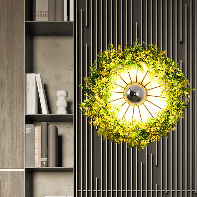 Vintage Wagon Wheel Wall Light 1 Bulb LED Metal Wall Sconce Lighting in Pink/Green with Flower/Plant Decor Green Clearhalo 'Art deco wall lights' 'Cast Iron' 'Glass' 'Industrial wall lights' 'Industrial' 'Middle century wall lights' 'Modern' 'Rustic wall lights' 'Tiffany' 'Traditional wall lights' 'Wall Lamps & Sconces' 'Wall Lights' Lighting' 401188