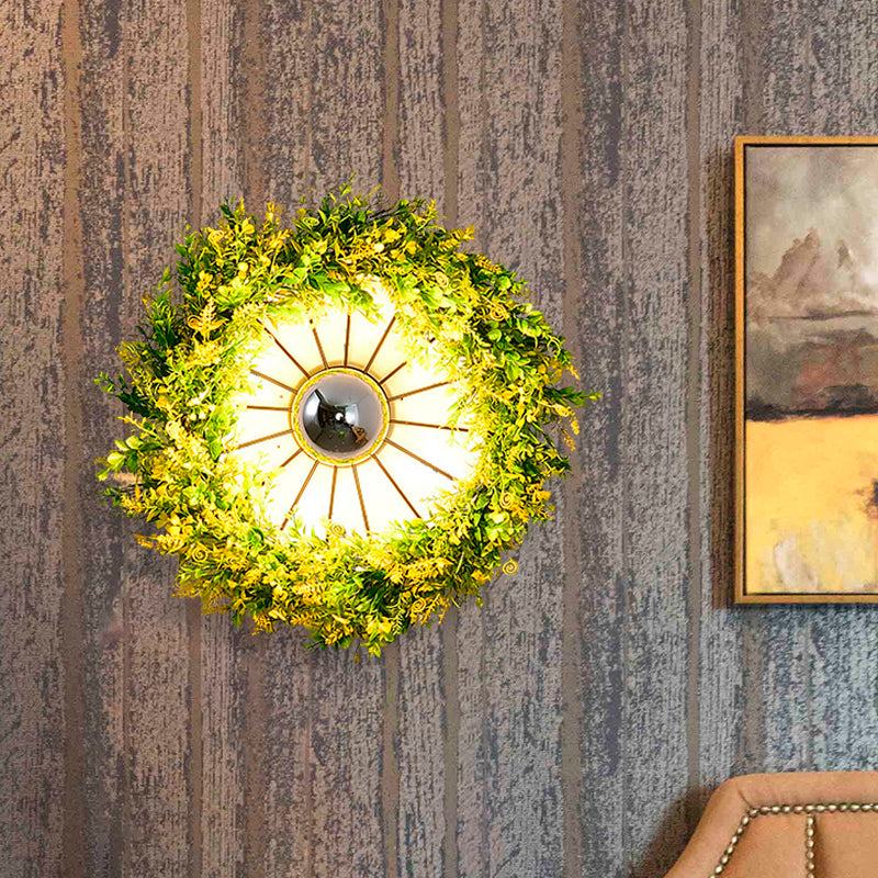 Vintage Wagon Wheel Wall Light 1 Bulb LED Metal Wall Sconce Lighting in Pink/Green with Flower/Plant Decor Clearhalo 'Art deco wall lights' 'Cast Iron' 'Glass' 'Industrial wall lights' 'Industrial' 'Middle century wall lights' 'Modern' 'Rustic wall lights' 'Tiffany' 'Traditional wall lights' 'Wall Lamps & Sconces' 'Wall Lights' Lighting' 401189