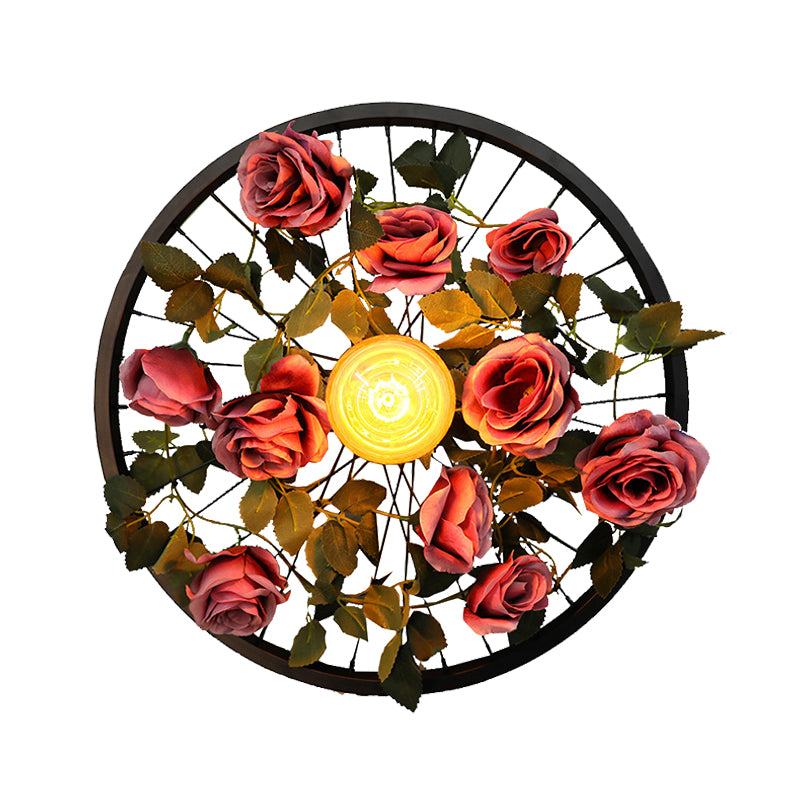 Vintage Wheel Wall Mount Lighting 1 Bulb Metal LED Rose Wall Sconce Light in Black for Restaurant Clearhalo 'Art deco wall lights' 'Cast Iron' 'Glass' 'Industrial wall lights' 'Industrial' 'Middle century wall lights' 'Modern' 'Rustic wall lights' 'Tiffany' 'Traditional wall lights' 'Wall Lamps & Sconces' 'Wall Lights' Lighting' 401214