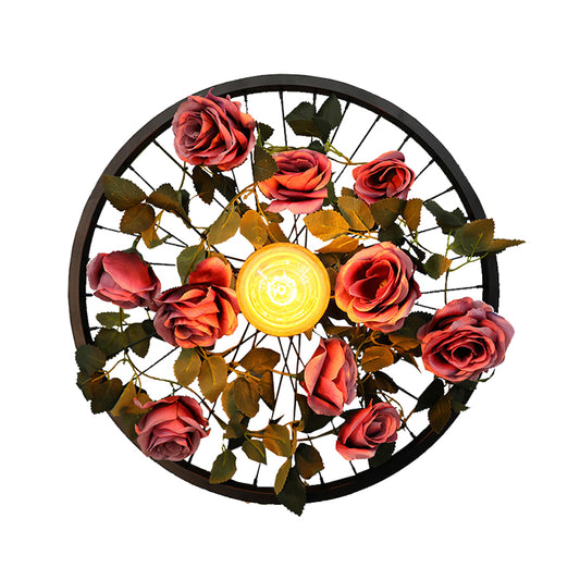 Vintage Wheel Wall Mount Lighting 1 Bulb Metal LED Rose Wall Sconce Light in Black for Restaurant Clearhalo 'Art deco wall lights' 'Cast Iron' 'Glass' 'Industrial wall lights' 'Industrial' 'Middle century wall lights' 'Modern' 'Rustic wall lights' 'Tiffany' 'Traditional wall lights' 'Wall Lamps & Sconces' 'Wall Lights' Lighting' 401214