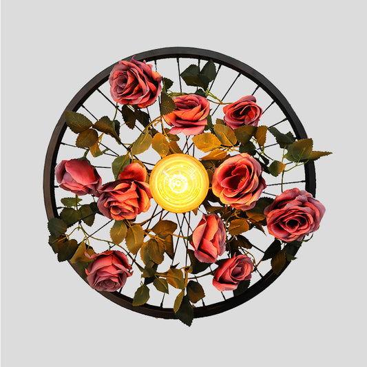 Vintage Wheel Wall Mount Lighting 1 Bulb Metal LED Rose Wall Sconce Light in Black for Restaurant Clearhalo 'Art deco wall lights' 'Cast Iron' 'Glass' 'Industrial wall lights' 'Industrial' 'Middle century wall lights' 'Modern' 'Rustic wall lights' 'Tiffany' 'Traditional wall lights' 'Wall Lamps & Sconces' 'Wall Lights' Lighting' 401215