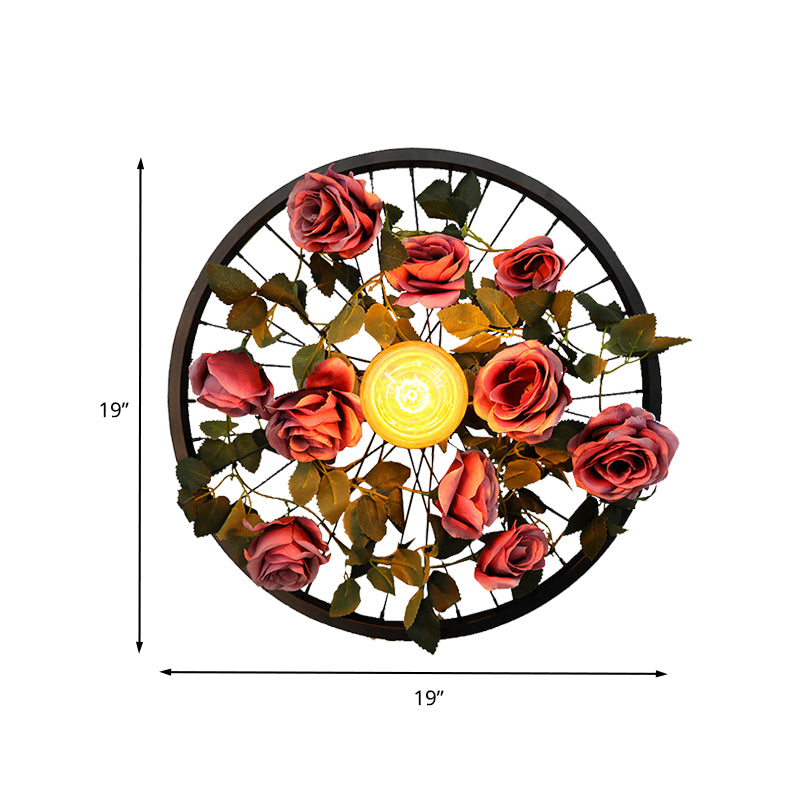 Vintage Wheel Wall Mount Lighting 1 Bulb Metal LED Rose Wall Sconce Light in Black for Restaurant Clearhalo 'Art deco wall lights' 'Cast Iron' 'Glass' 'Industrial wall lights' 'Industrial' 'Middle century wall lights' 'Modern' 'Rustic wall lights' 'Tiffany' 'Traditional wall lights' 'Wall Lamps & Sconces' 'Wall Lights' Lighting' 401216