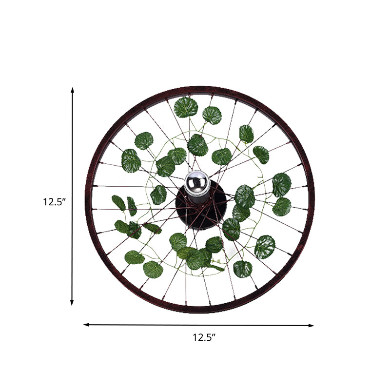 Rust Wheel Sconce Light Fixture Industrial Metal 1 Bulb Restaurant LED Plant Wall Mount Lamp, 12.5"/18"/21.5" Dia Clearhalo 'Art deco wall lights' 'Cast Iron' 'Glass' 'Industrial wall lights' 'Industrial' 'Middle century wall lights' 'Modern' 'Rustic wall lights' 'Tiffany' 'Traditional wall lights' 'Wall Lamps & Sconces' 'Wall Lights' Lighting' 401233