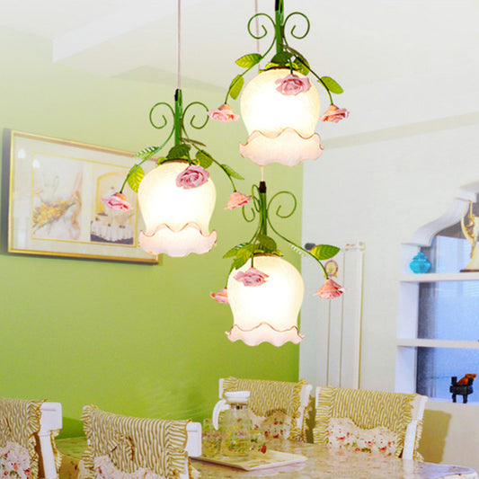 Flower White Glass Cluster Pendant Pastoral 3 Heads Dining Room LED Hanging Ceiling Light White Clearhalo 'Ceiling Lights' 'Chandeliers' 'Glass shade' 'Glass' 'Industrial Pendants' 'Industrial' 'Middle Century Pendants' 'Pendant Lights' 'Pendants' 'Tiffany' Lighting' 401284