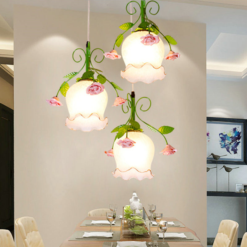 Flower White Glass Cluster Pendant Pastoral 3 Heads Dining Room LED Hanging Ceiling Light Clearhalo 'Ceiling Lights' 'Chandeliers' 'Glass shade' 'Glass' 'Industrial Pendants' 'Industrial' 'Middle Century Pendants' 'Pendant Lights' 'Pendants' 'Tiffany' Lighting' 401285