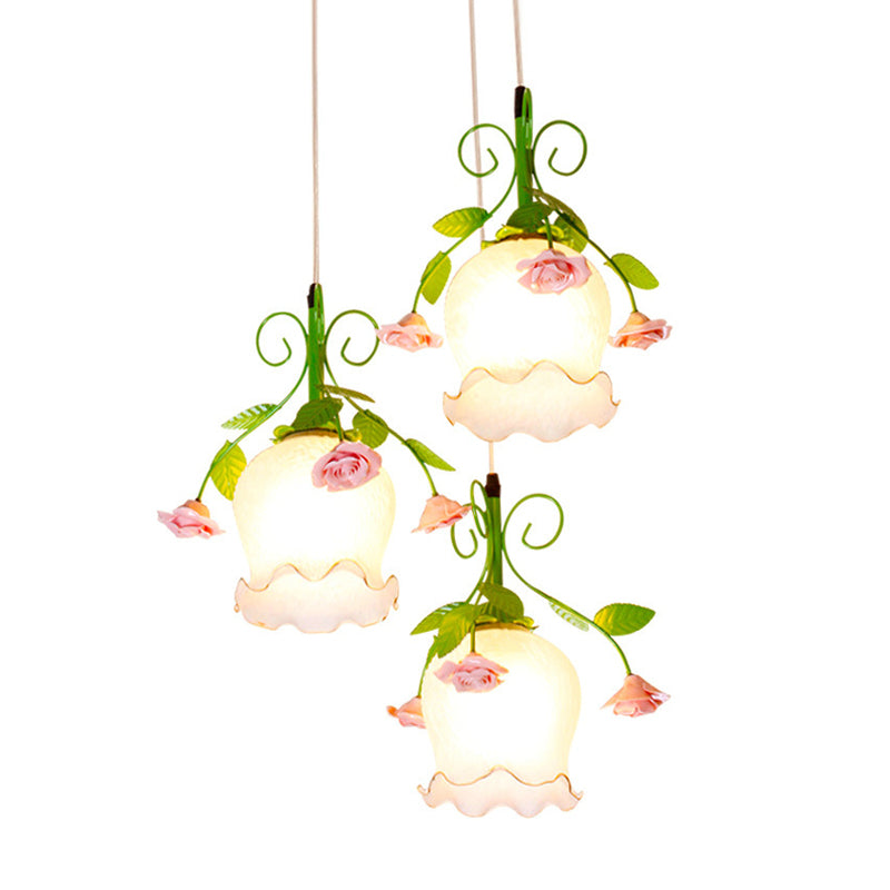 Flower White Glass Cluster Pendant Pastoral 3 Heads Dining Room LED Hanging Ceiling Light Clearhalo 'Ceiling Lights' 'Chandeliers' 'Glass shade' 'Glass' 'Industrial Pendants' 'Industrial' 'Middle Century Pendants' 'Pendant Lights' 'Pendants' 'Tiffany' Lighting' 401287