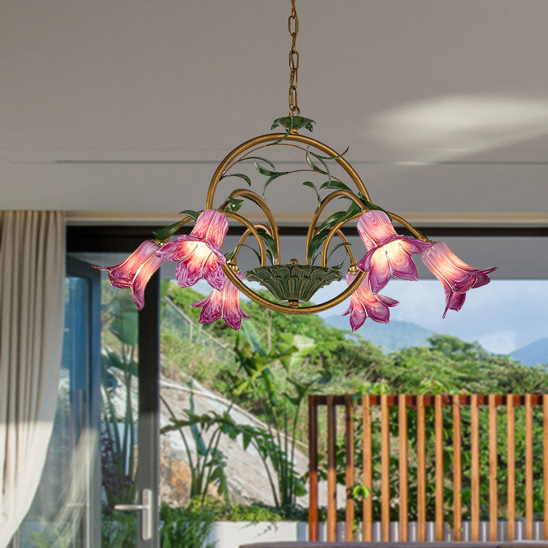 American Garden Lily Hanging Chandelier 6/8/10 Bulbs Metal LED Suspension Light in Brass for Dining Room Clearhalo 'Ceiling Lights' 'Chandeliers' Lighting' options 401305