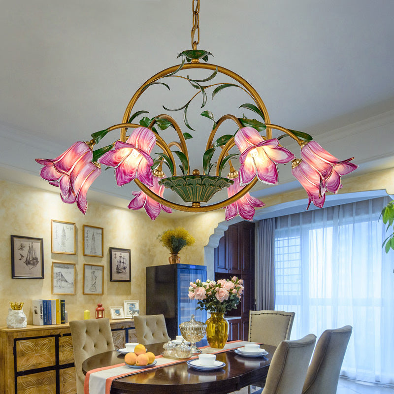 American Garden Lily Hanging Chandelier 6/8/10 Bulbs Metal LED Suspension Light in Brass for Dining Room Clearhalo 'Ceiling Lights' 'Chandeliers' Lighting' options 401309