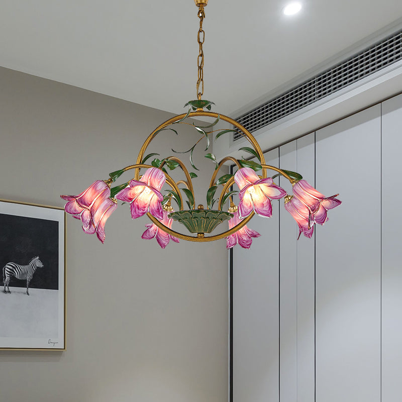 American Garden Lily Hanging Chandelier 6/8/10 Bulbs Metal LED Suspension Light in Brass for Dining Room Clearhalo 'Ceiling Lights' 'Chandeliers' Lighting' options 401310