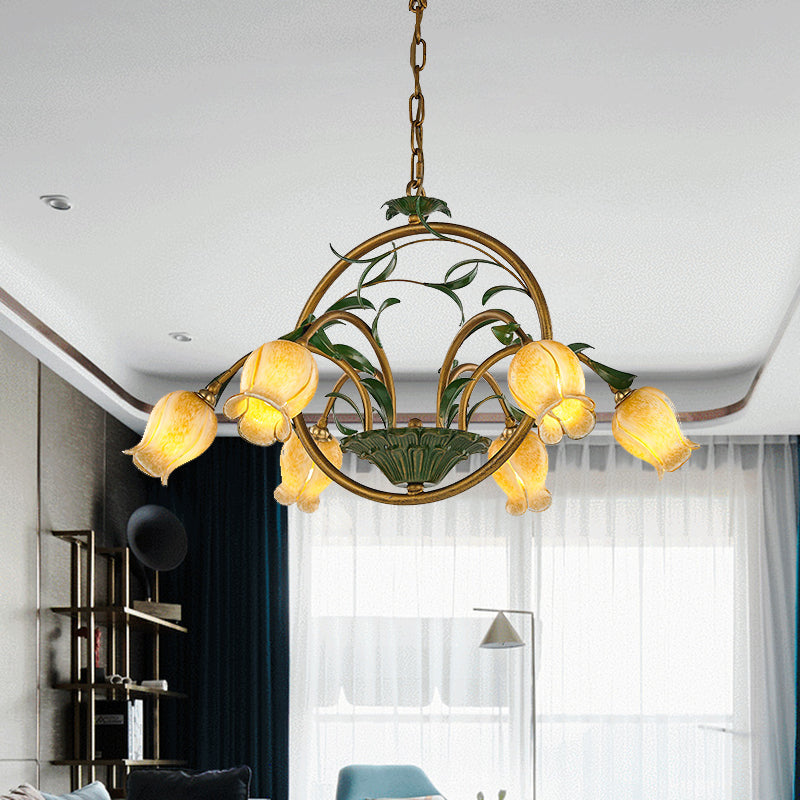 Metal Tulip Ceiling Chandelier Romantic Pastoral 6/8/10 Bulbs Living Room LED Hanging Pendant Light in Brass Clearhalo 'Ceiling Lights' 'Chandeliers' Lighting' options 401318