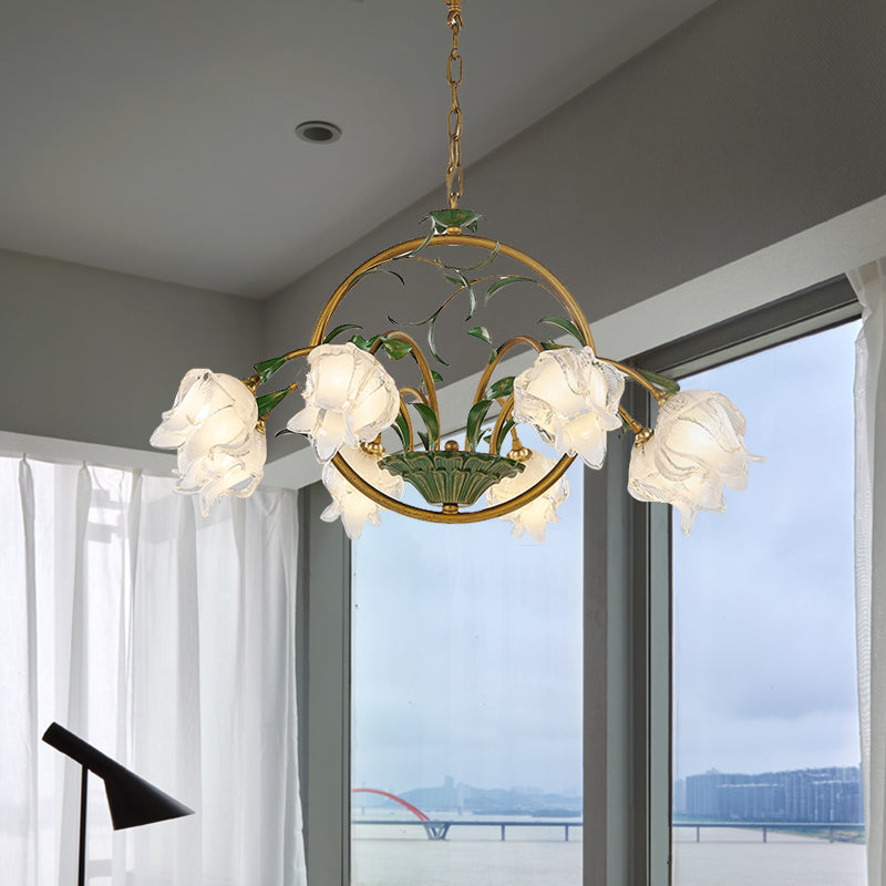 Brass Floral Chandelier Pendant Light Pastoral Style Metal 6/8/10 Heads Living Room LED Hanging Lamp Clearhalo 'Ceiling Lights' 'Chandeliers' Lighting' options 401336