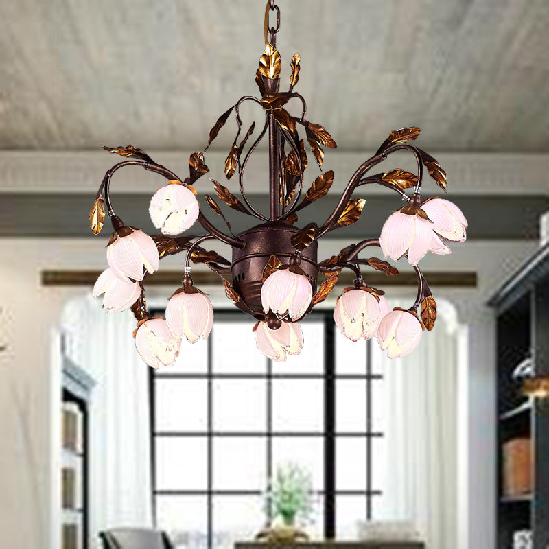 Metal Dark Brown Chandelier Lighting Lotus 12/20/25 Lights American Garden LED Drop Lamp for Bedroom Clearhalo 'Ceiling Lights' 'Chandeliers' Lighting' options 401349