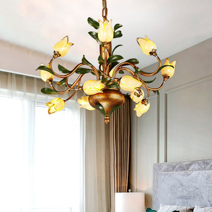 Pastoral Tulip Chandelier Lighting Fixture 12/20/30 Bulbs Metal LED Pendant Ceiling Light in Brass for Living Room 12 Brass Clearhalo 'Ceiling Lights' 'Chandeliers' Lighting' options 401369_e95b036e-f507-4022-b204-31cc7b829314