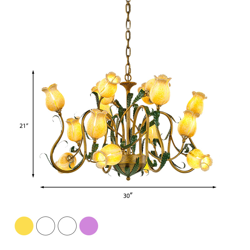 American Flower Metal Hanging Pendant 16 Heads White/Yellow/Purple Glass LED Ceiling Chandelier for Living Room Clearhalo 'Ceiling Lights' 'Chandeliers' Lighting' options 401377