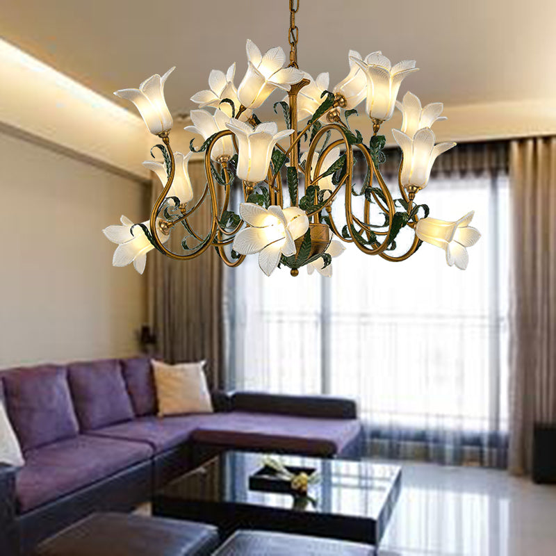 American Flower Metal Hanging Pendant 16 Heads White/Yellow/Purple Glass LED Ceiling Chandelier for Living Room Clearhalo 'Ceiling Lights' 'Chandeliers' Lighting' options 401379