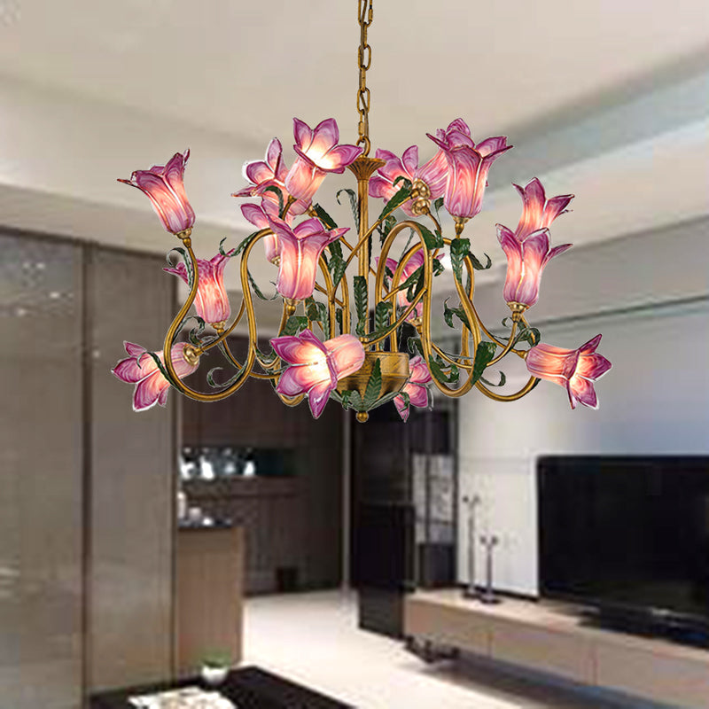 American Flower Metal Hanging Pendant 16 Heads White/Yellow/Purple Glass LED Ceiling Chandelier for Living Room Clearhalo 'Ceiling Lights' 'Chandeliers' Lighting' options 401385