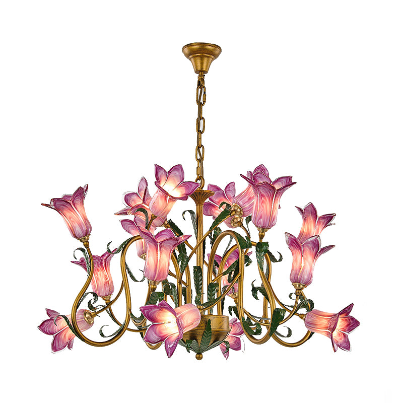 American Flower Metal Hanging Pendant 16 Heads White/Yellow/Purple Glass LED Ceiling Chandelier for Living Room Clearhalo 'Ceiling Lights' 'Chandeliers' Lighting' options 401386