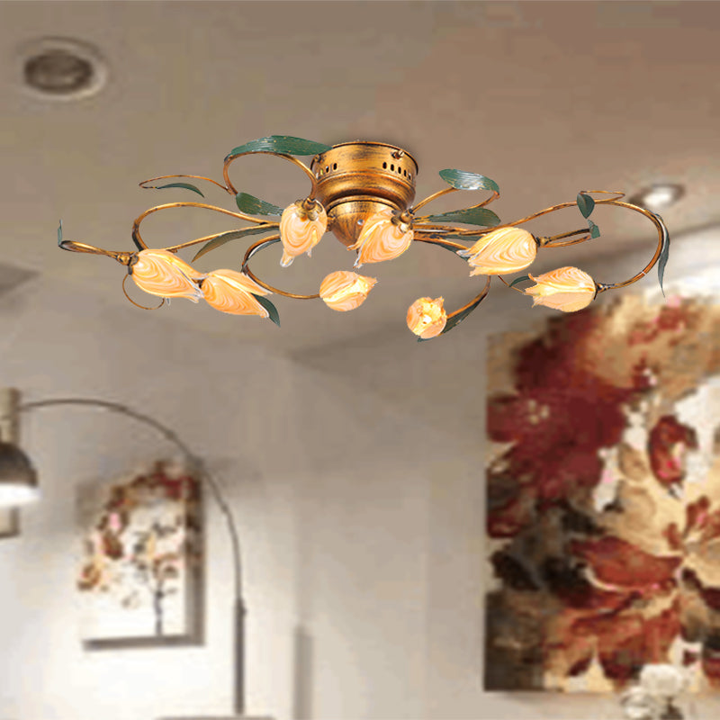 8/15 Heads Ceiling Mounted Fixture American Garden Bedroom LED Semi Flush Light with Tulip Frosted Glass in Brass Clearhalo 'Ceiling Lights' 'Close To Ceiling Lights' 'Close to ceiling' 'Semi-flushmount' Lighting' 401398