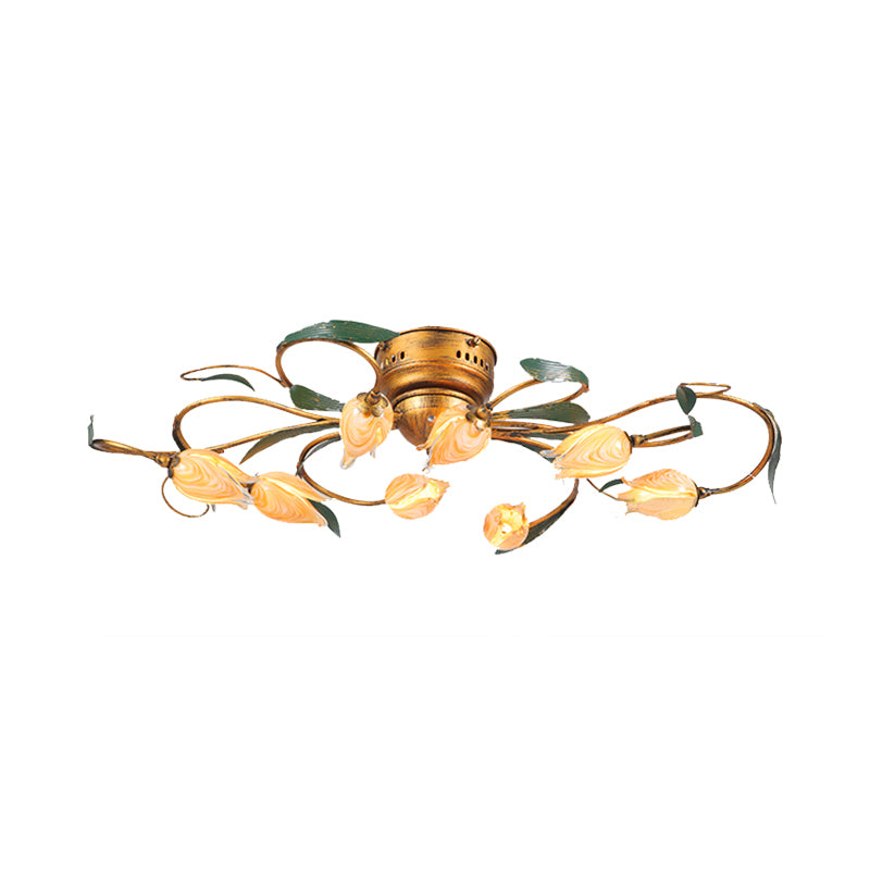 8/15 Heads Ceiling Mounted Fixture American Garden Bedroom LED Semi Flush Light with Tulip Frosted Glass in Brass Clearhalo 'Ceiling Lights' 'Close To Ceiling Lights' 'Close to ceiling' 'Semi-flushmount' Lighting' 401399