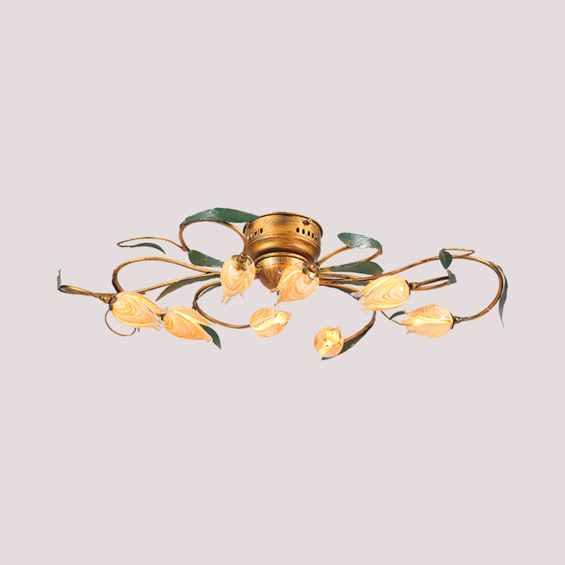 8/15 Heads Ceiling Mounted Fixture American Garden Bedroom LED Semi Flush Light with Tulip Frosted Glass in Brass Clearhalo 'Ceiling Lights' 'Close To Ceiling Lights' 'Close to ceiling' 'Semi-flushmount' Lighting' 401400