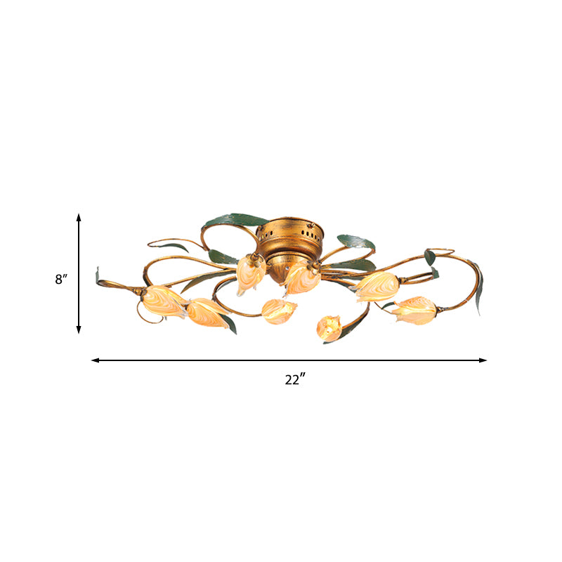 8/15 Heads Ceiling Mounted Fixture American Garden Bedroom LED Semi Flush Light with Tulip Frosted Glass in Brass Clearhalo 'Ceiling Lights' 'Close To Ceiling Lights' 'Close to ceiling' 'Semi-flushmount' Lighting' 401401