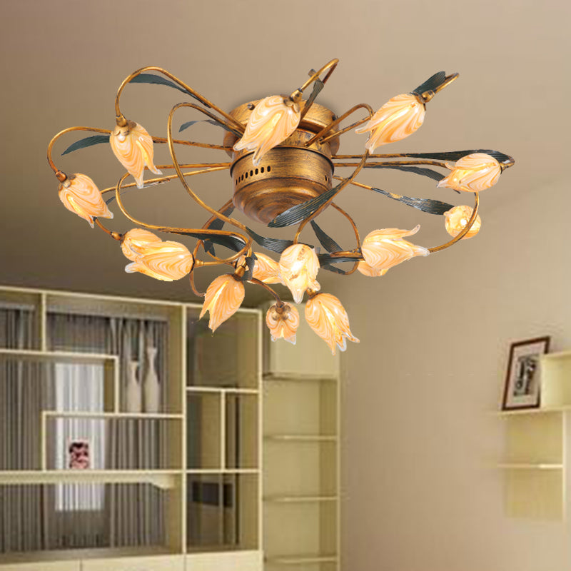 8/15 Heads Ceiling Mounted Fixture American Garden Bedroom LED Semi Flush Light with Tulip Frosted Glass in Brass 15 Brass A Clearhalo 'Ceiling Lights' 'Close To Ceiling Lights' 'Close to ceiling' 'Semi-flushmount' Lighting' 401402