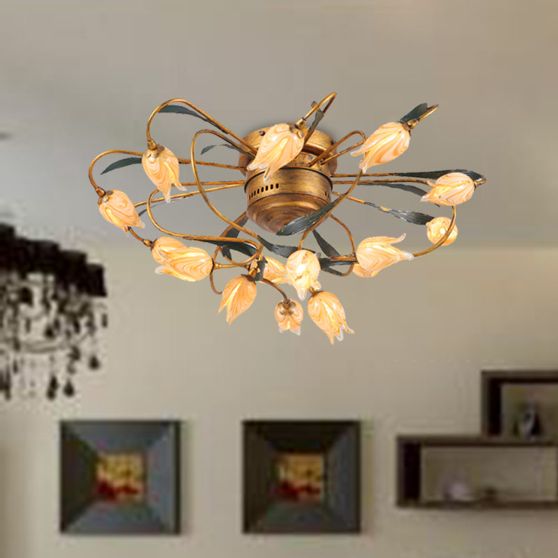 8/15 Heads Ceiling Mounted Fixture American Garden Bedroom LED Semi Flush Light with Tulip Frosted Glass in Brass Clearhalo 'Ceiling Lights' 'Close To Ceiling Lights' 'Close to ceiling' 'Semi-flushmount' Lighting' 401403