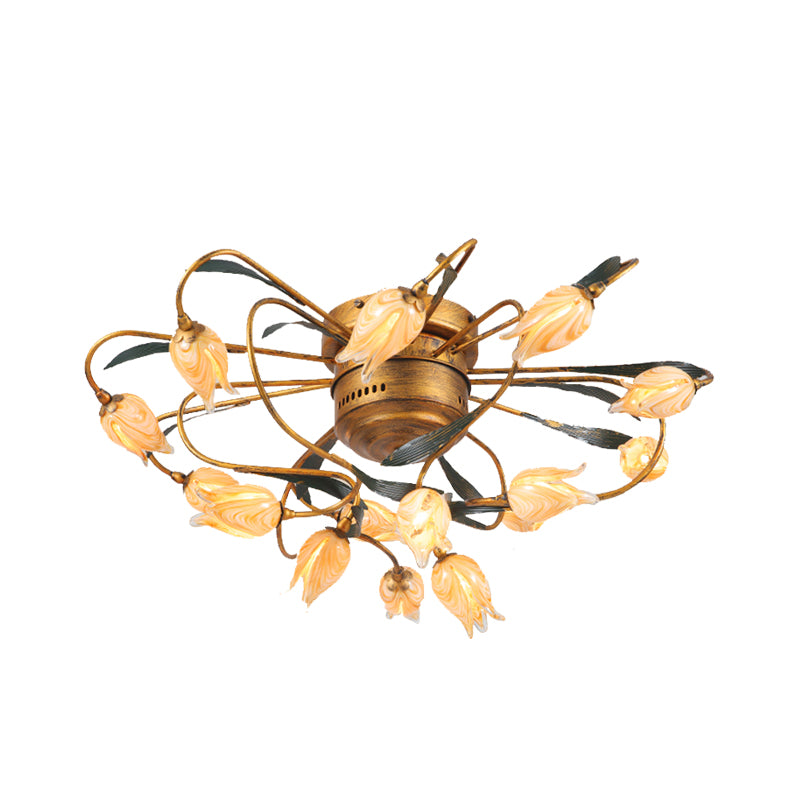 8/15 Heads Ceiling Mounted Fixture American Garden Bedroom LED Semi Flush Light with Tulip Frosted Glass in Brass Clearhalo 'Ceiling Lights' 'Close To Ceiling Lights' 'Close to ceiling' 'Semi-flushmount' Lighting' 401404