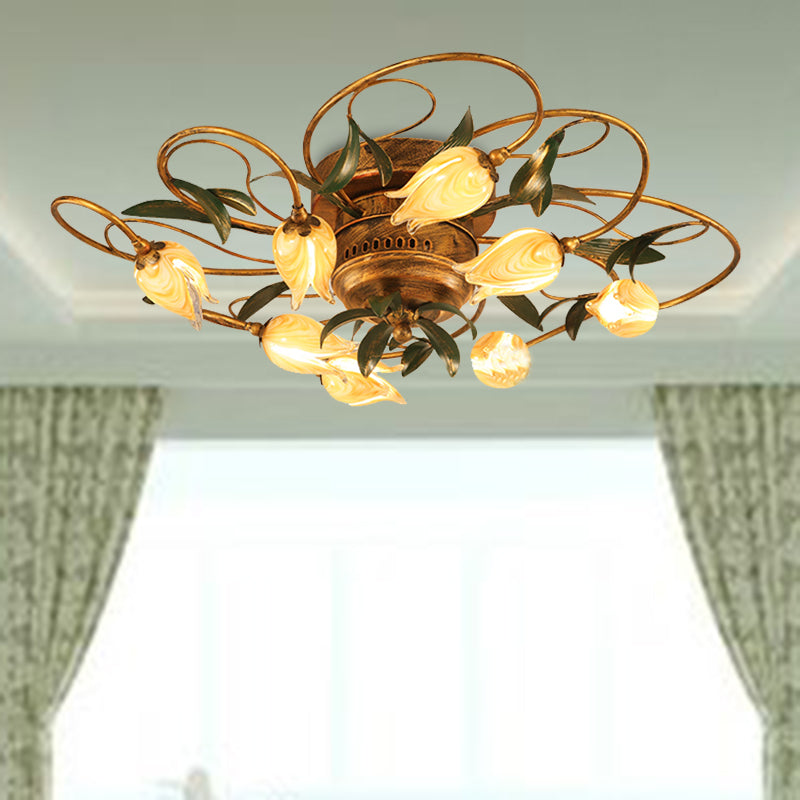 8/15 Heads Ceiling Mounted Fixture American Garden Bedroom LED Semi Flush Light with Tulip Frosted Glass in Brass 8 Brass B Clearhalo 'Ceiling Lights' 'Close To Ceiling Lights' 'Close to ceiling' 'Semi-flushmount' Lighting' 401406