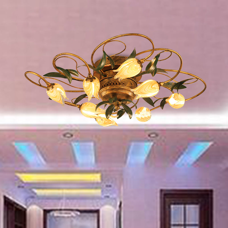 8/15 Heads Ceiling Mounted Fixture American Garden Bedroom LED Semi Flush Light with Tulip Frosted Glass in Brass Clearhalo 'Ceiling Lights' 'Close To Ceiling Lights' 'Close to ceiling' 'Semi-flushmount' Lighting' 401407