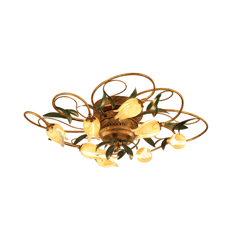 8/15 Heads Ceiling Mounted Fixture American Garden Bedroom LED Semi Flush Light with Tulip Frosted Glass in Brass Clearhalo 'Ceiling Lights' 'Close To Ceiling Lights' 'Close to ceiling' 'Semi-flushmount' Lighting' 401408