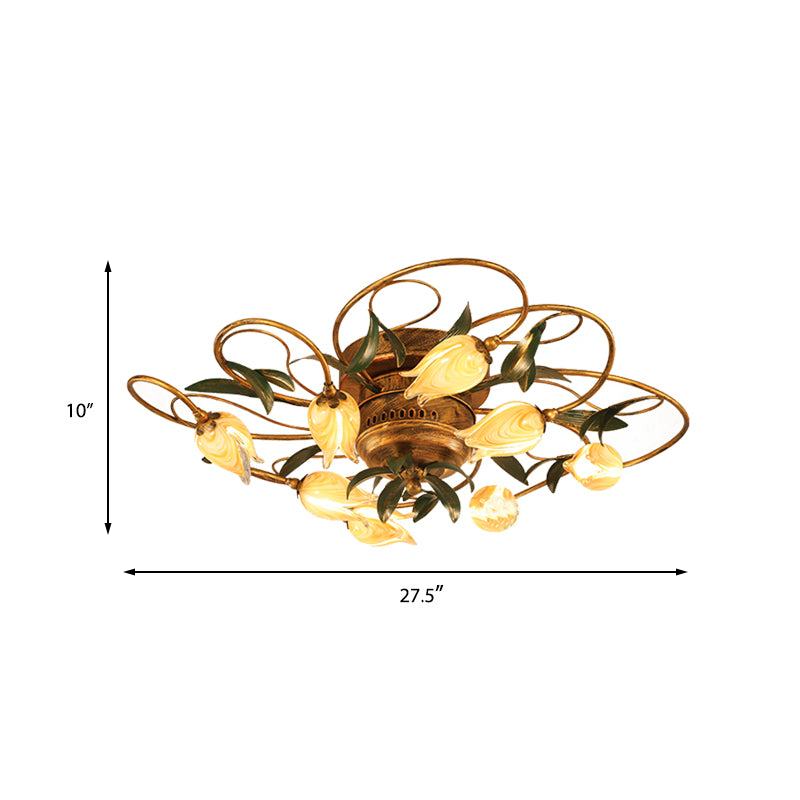 8/15 Heads Ceiling Mounted Fixture American Garden Bedroom LED Semi Flush Light with Tulip Frosted Glass in Brass Clearhalo 'Ceiling Lights' 'Close To Ceiling Lights' 'Close to ceiling' 'Semi-flushmount' Lighting' 401409