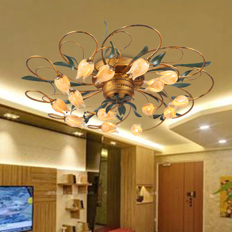 8/15 Heads Ceiling Mounted Fixture American Garden Bedroom LED Semi Flush Light with Tulip Frosted Glass in Brass 15 Brass B Clearhalo 'Ceiling Lights' 'Close To Ceiling Lights' 'Close to ceiling' 'Semi-flushmount' Lighting' 401410