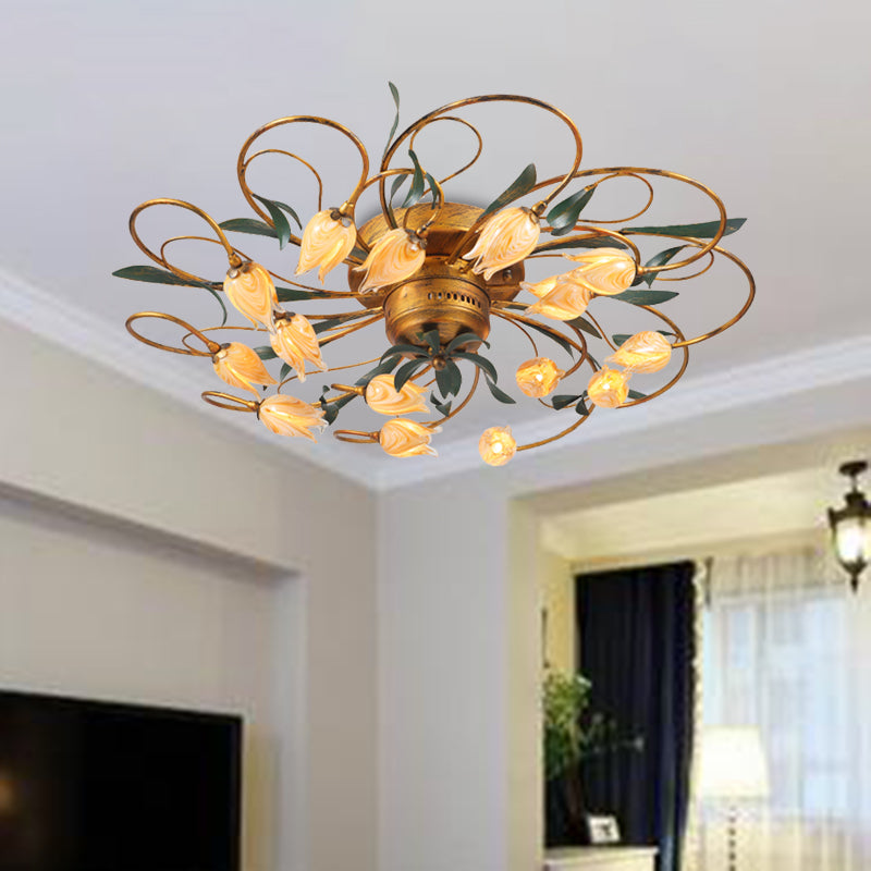 8/15 Heads Ceiling Mounted Fixture American Garden Bedroom LED Semi Flush Light with Tulip Frosted Glass in Brass Clearhalo 'Ceiling Lights' 'Close To Ceiling Lights' 'Close to ceiling' 'Semi-flushmount' Lighting' 401411